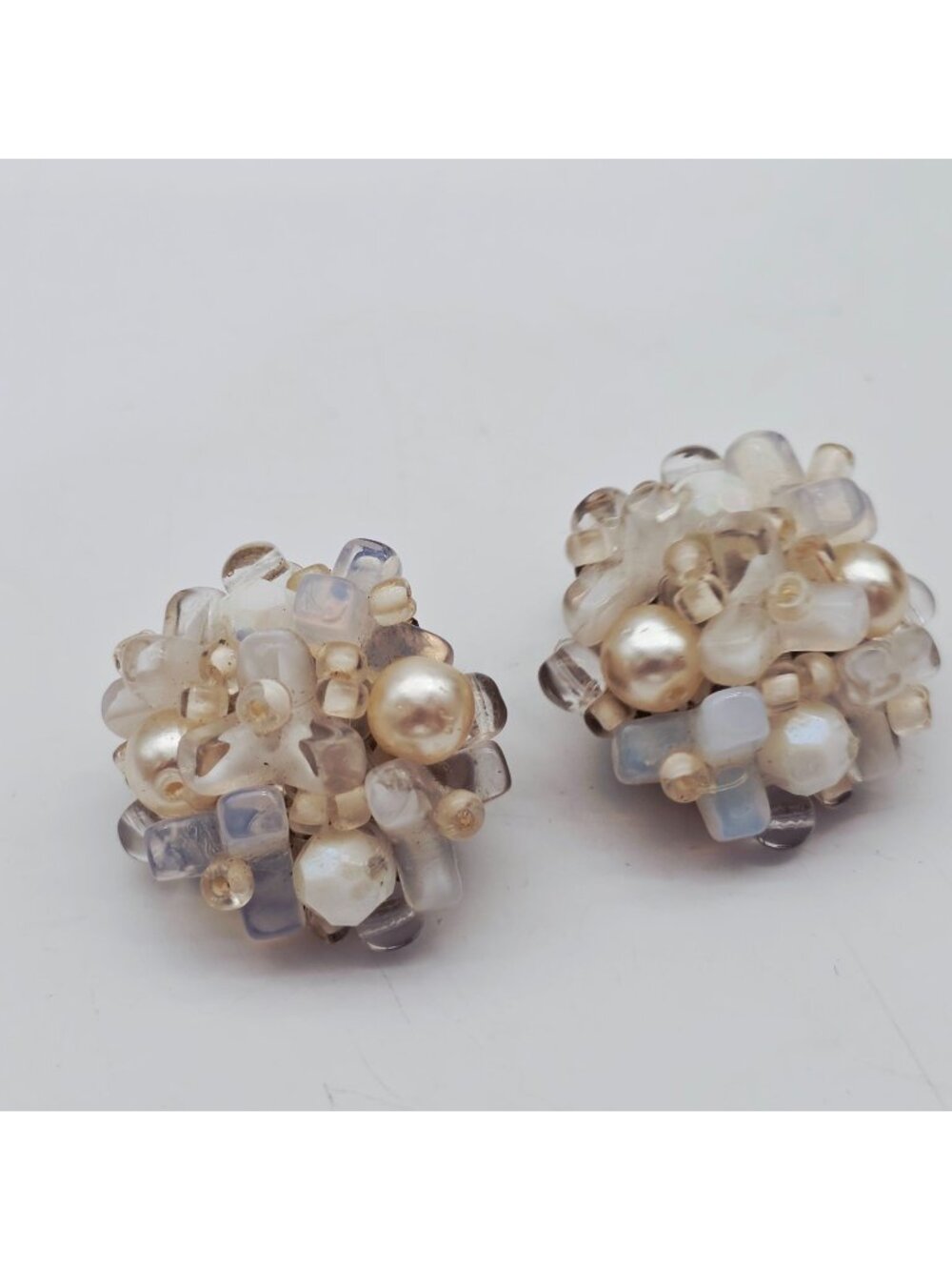 Vintage White Glass Bead Clip-On Earrings With Gold-Tone Filigree Base W Germany